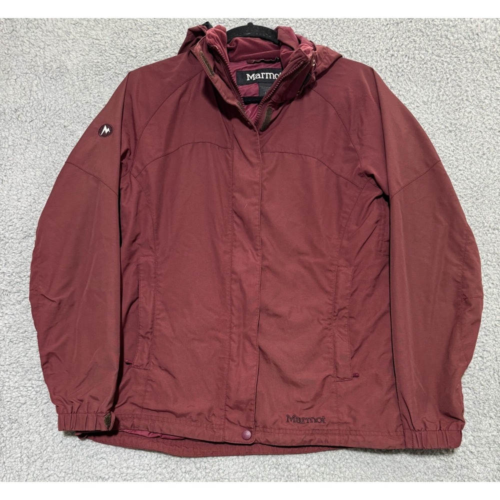Marmot Womens Hooded Nylon Full Zip Rain Jacket Size Small Burgundy